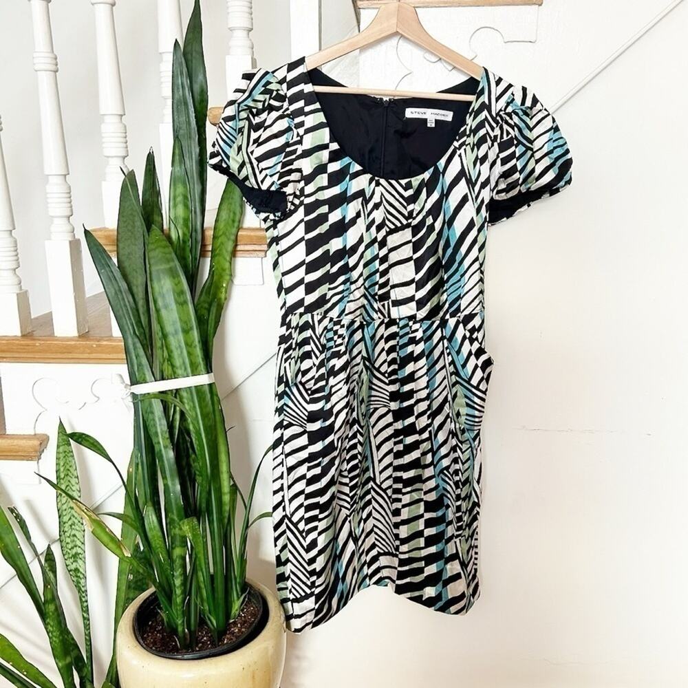 Steve Madden White Black Abstract Print Puff Sleeve Silk Dress w/ Pockets 10
